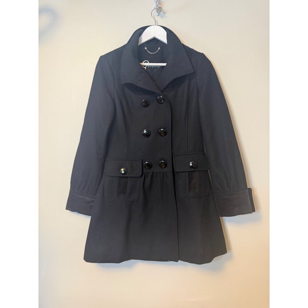 Guess Womens Wool Blend Double Breasted Princess Coat Empire Waist Black Small